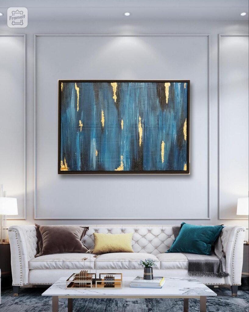 Maryam Art Gallery ציור קנבס בעבודת יד בצבע כחול זהב בשיטת טקסטורה